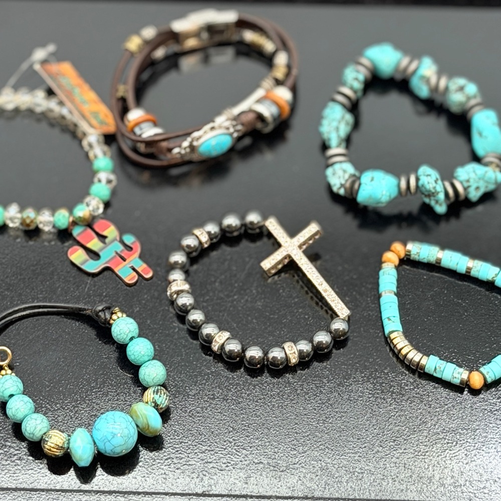 Southwestern Bracelet Lot of 6 Turquoise Cactus Cross Leather Stretch Boho